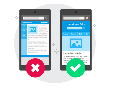 Two smartphones looking at a website, one mobile-optimized with a checkmark beside it and one not mobile-optimized with an x beside it