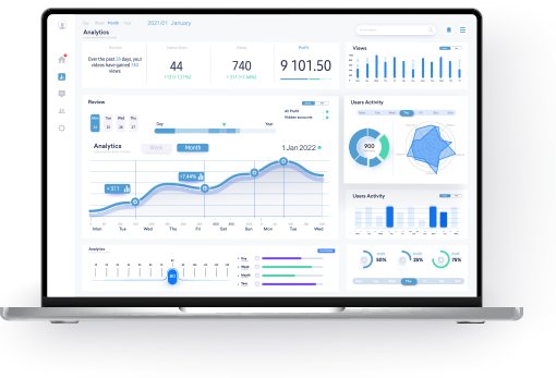 An open laptop with graphics and metrics on its screen.