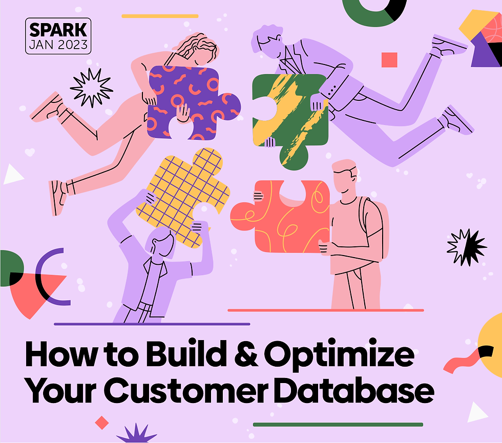 Spark: January 2023. How to Build and Optimize Your Customer Database. Purple and pink people hold different puzzle pieces on an abstract background.