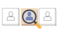 A magnifying glass over an icon of a torso that's fully colored, flanked by icon of torsos outlined in dotted lines.