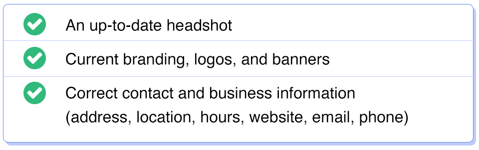 1. An up-to-date headshot. 2. Current branding, logos, and banners. 3. Correct contact and business information (address, location, hours, website, email, and phone)