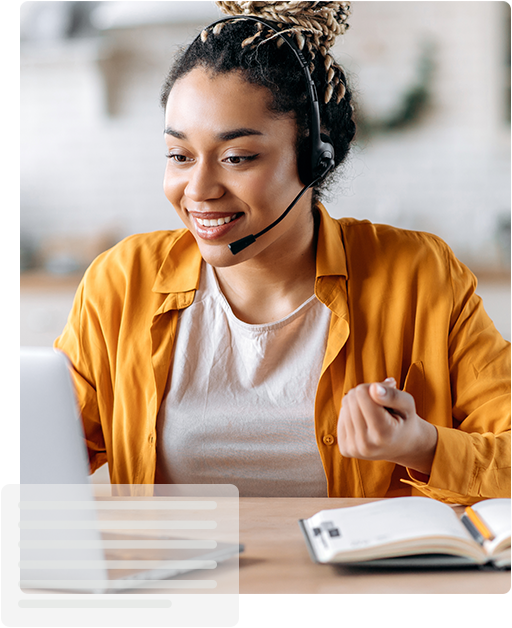 A woman talking to a client using a headset