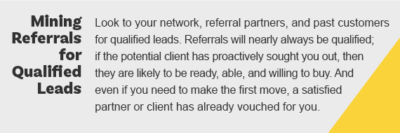 Mining Referrals for Qualified Leads. Look to your network, referral partners, and past customers for qualified leads. Referrals will nearly always be qualified; if the potential client has sought you out, then they are likely to be ready, able, and willing to buy. And even if you need to make the first move, a satisfied partner or client has already vouched for you.